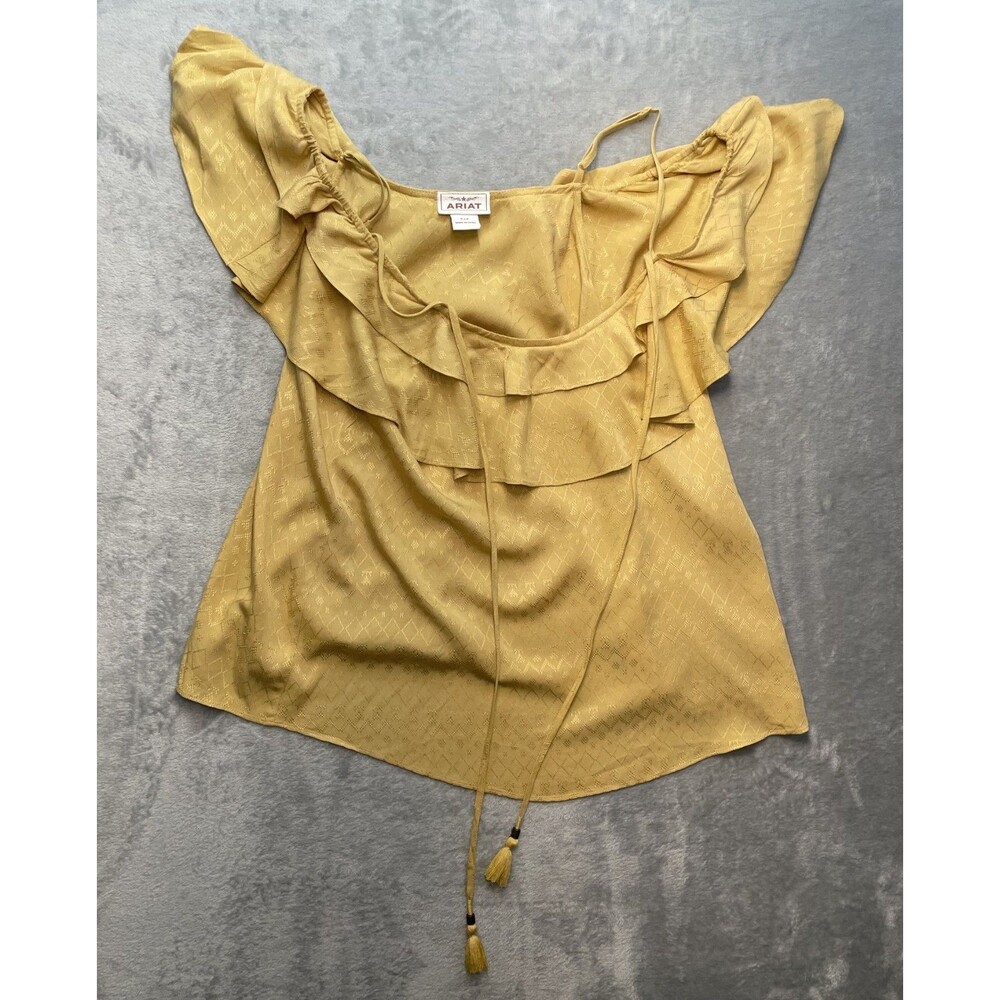 Ariat Blouse Women Small Yellow Tiered Ruffle Tasseled Tie Off Shoulder Tina Top